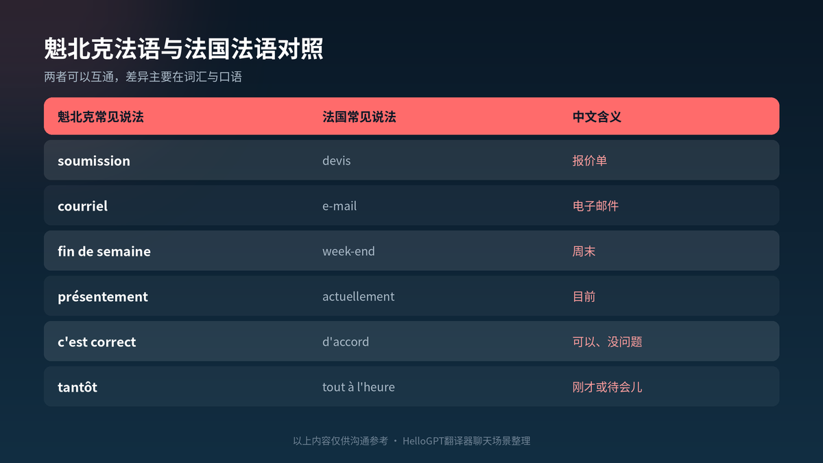 魁北克法语与法国法语常见说法对照表
