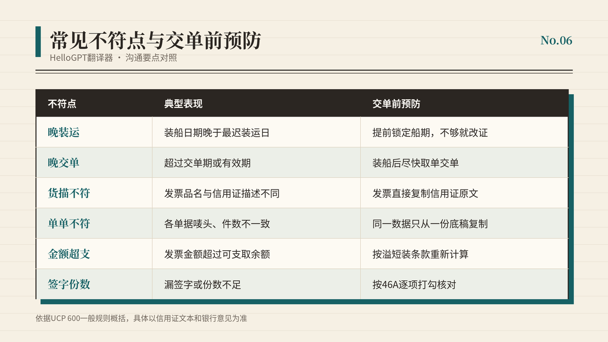 信用证常见不符点与交单前预防动作对照表
