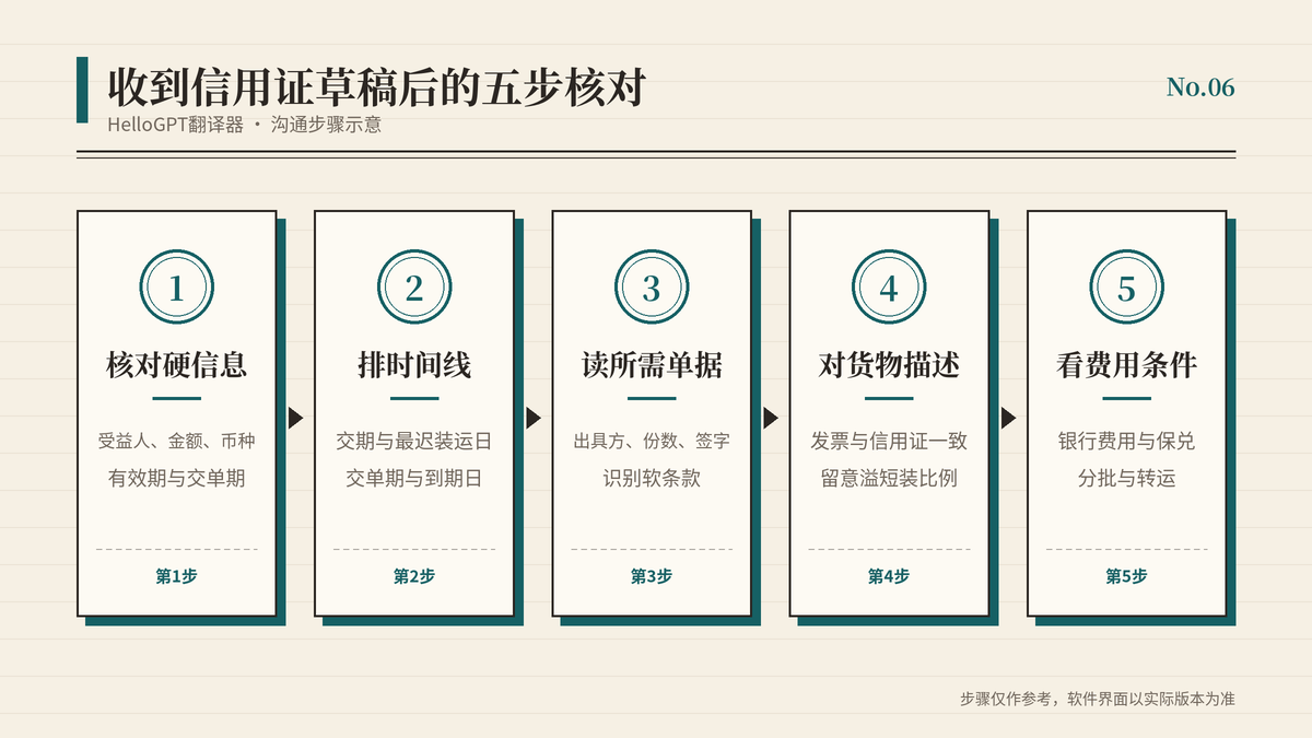 用HelloGPT翻译器核对信用证草稿的五个步骤示意图