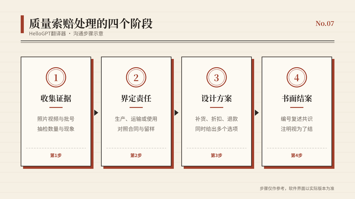 质量索赔从收集证据、界定责任到方案谈判与书面结案的流程示意图