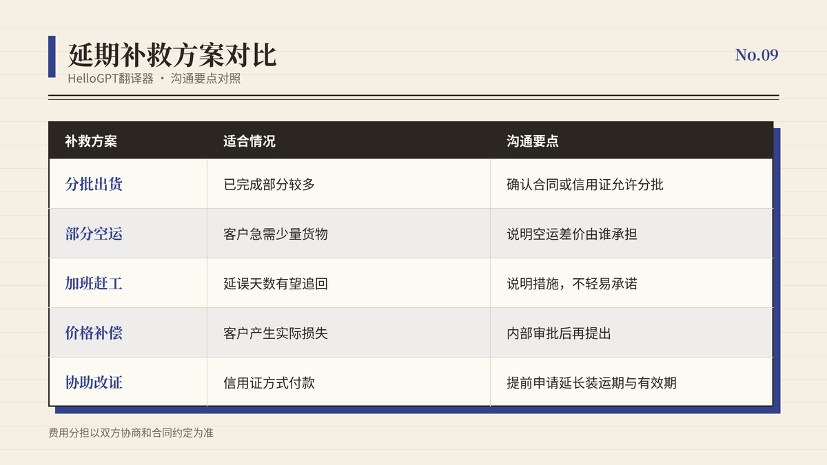 分批出货、部分空运、赶工与价格补偿等延期补救方案对比表