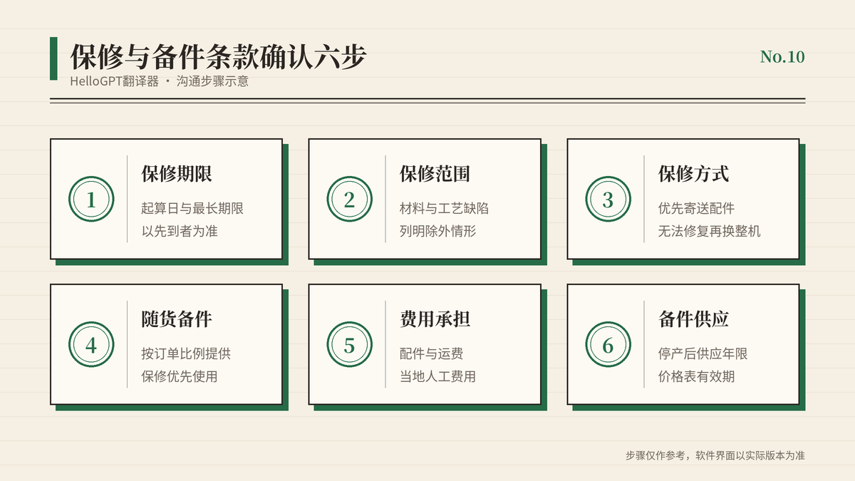 保修期、保修范围、保修方式、随货备件、费用承担与备件供应六步确认示意图
