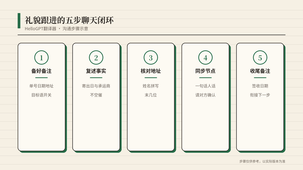 HelloGPT翻译器五步礼貌跟进样品物流示意图