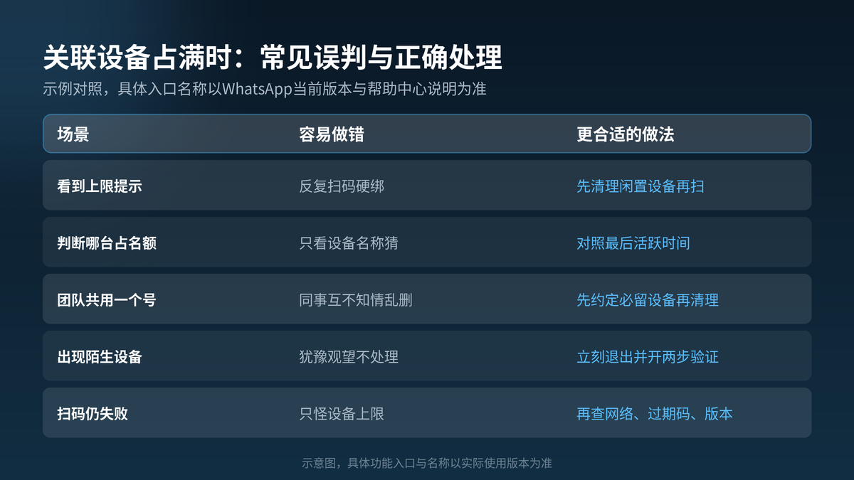 WhatsApp关联设备占满时常见误判与正确处理对照示意图