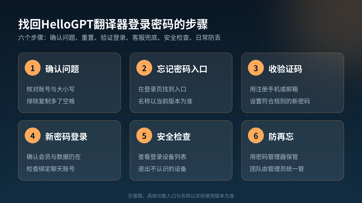找回HelloGPT翻译器登录密码并完成安全检查的六个步骤示意图