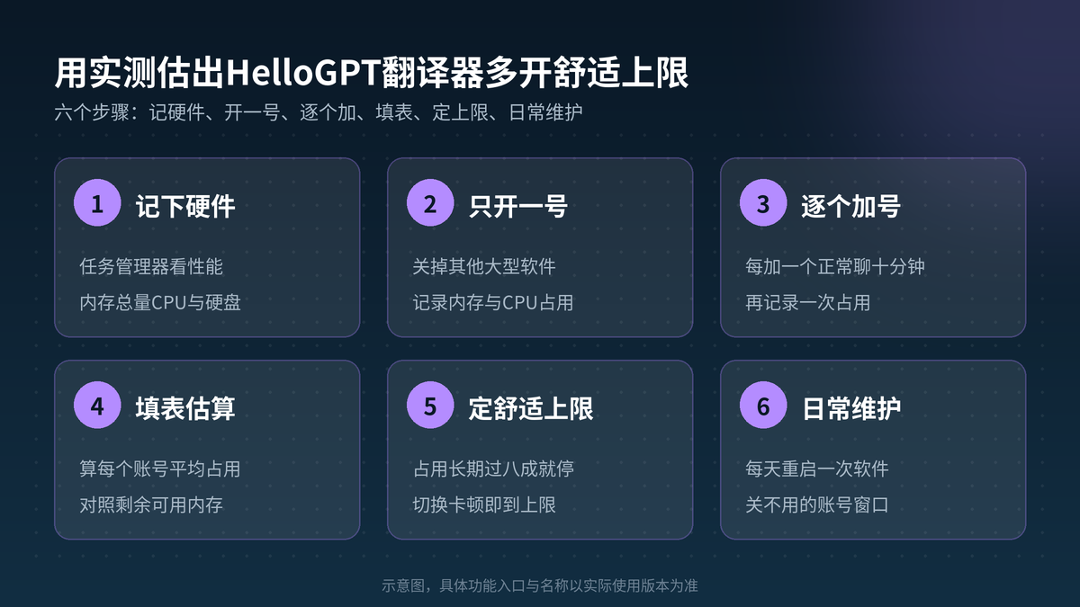 用实测估算HelloGPT翻译器多开舒适上限的六个步骤示意图