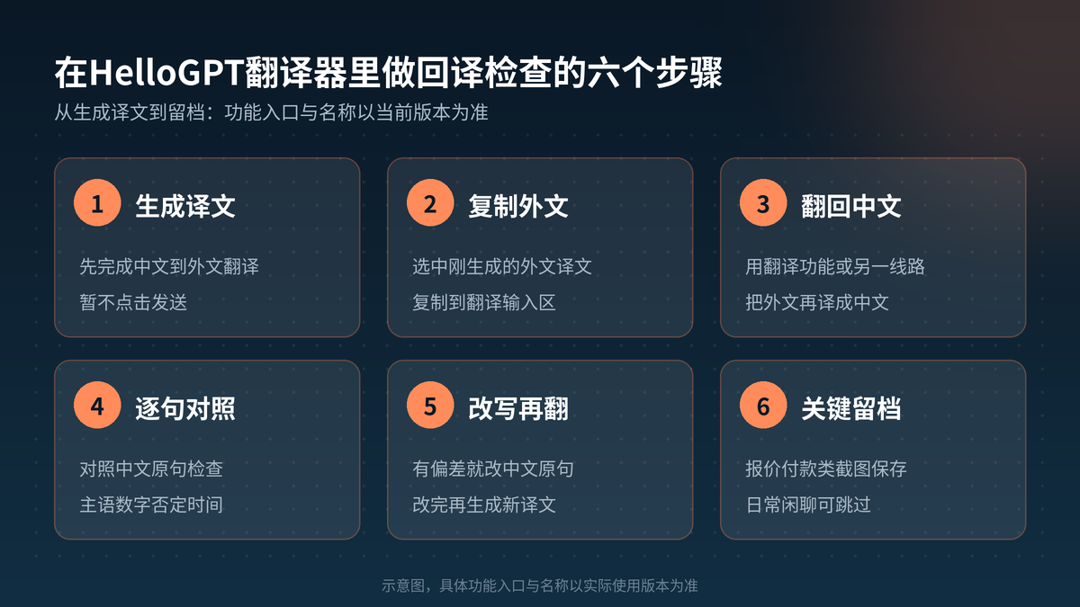 在HelloGPT翻译器里做回译检查的六个步骤示意图