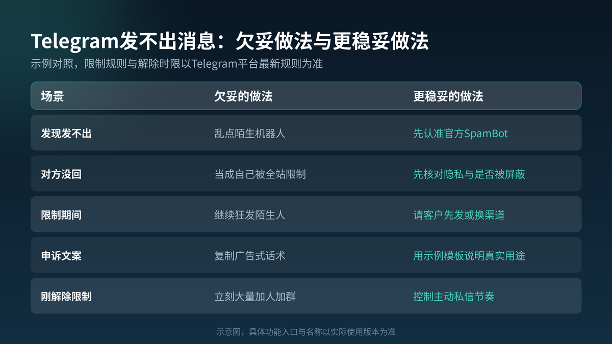 Telegram发不出消息时欠妥做法与更稳妥做法对照示意图