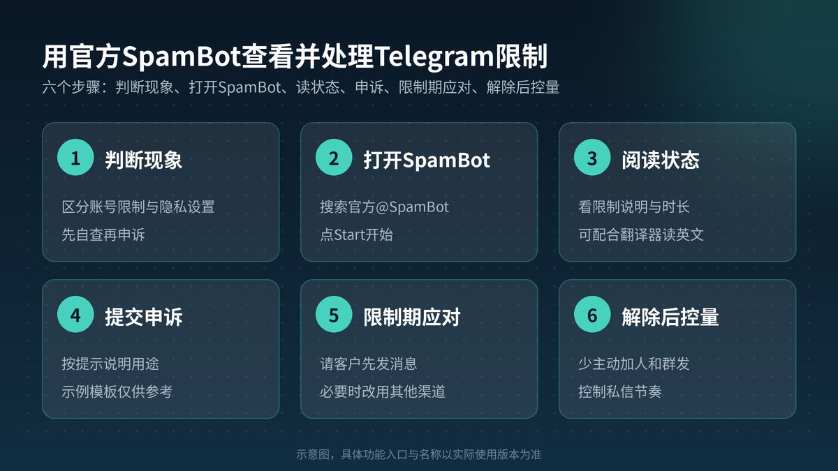 用官方SpamBot查看并处理Telegram账号限制的六个步骤示意图