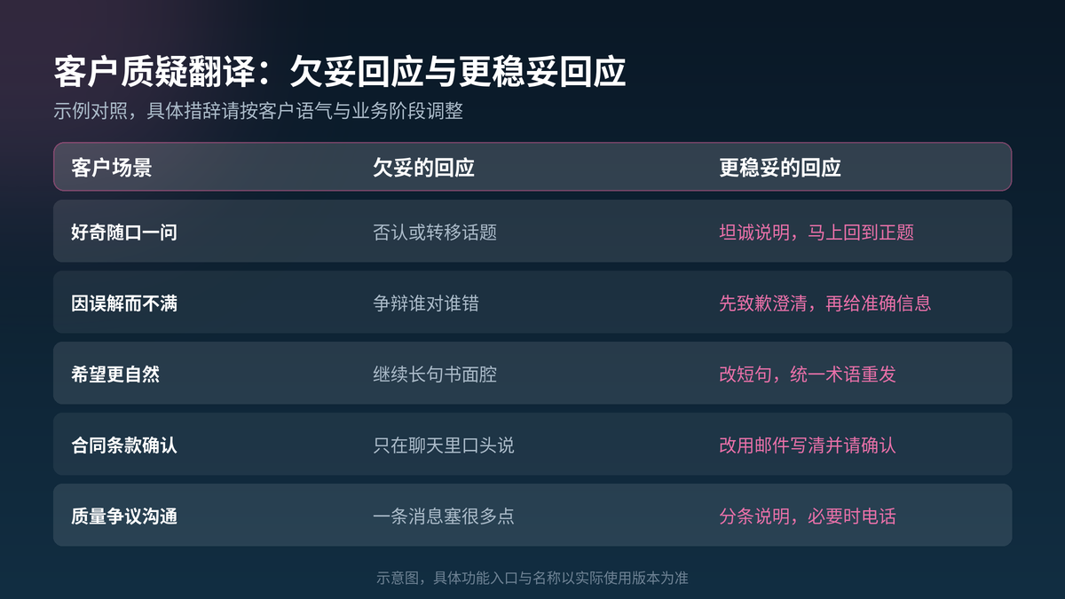 客户质疑翻译时欠妥回应与更稳妥回应对照示意图