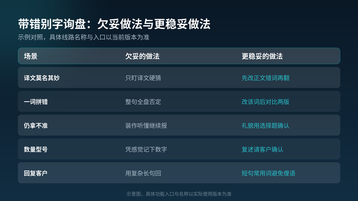 带错别字询盘欠妥做法与更稳妥做法对照示意图