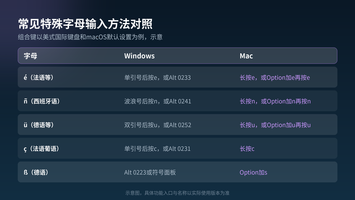 法语西语德语等常见特殊字母输入方法对照示意图