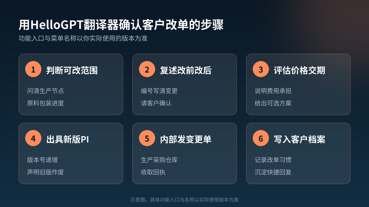 HelloGPT翻译器客户改单从复述确认到新版PI的步骤示意图