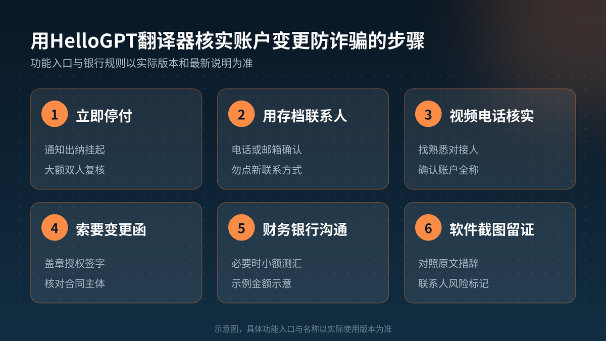 用HelloGPT翻译器核实银行账户变更防诈骗的步骤示意图