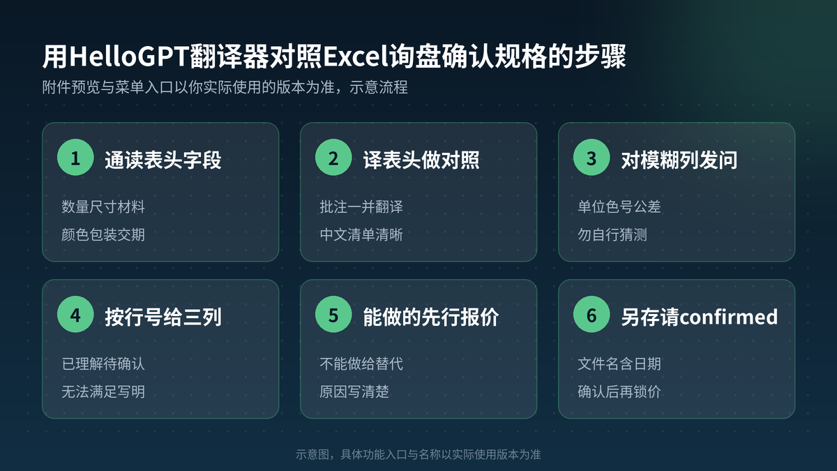 用HelloGPT翻译器对照Excel表头确认规格步骤示意图