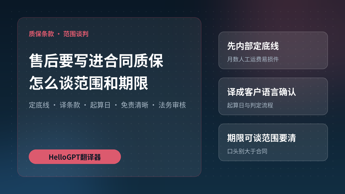 客户要求把售后写进合同质保条款，用HelloGPT翻译器怎么谈保修范围和期限