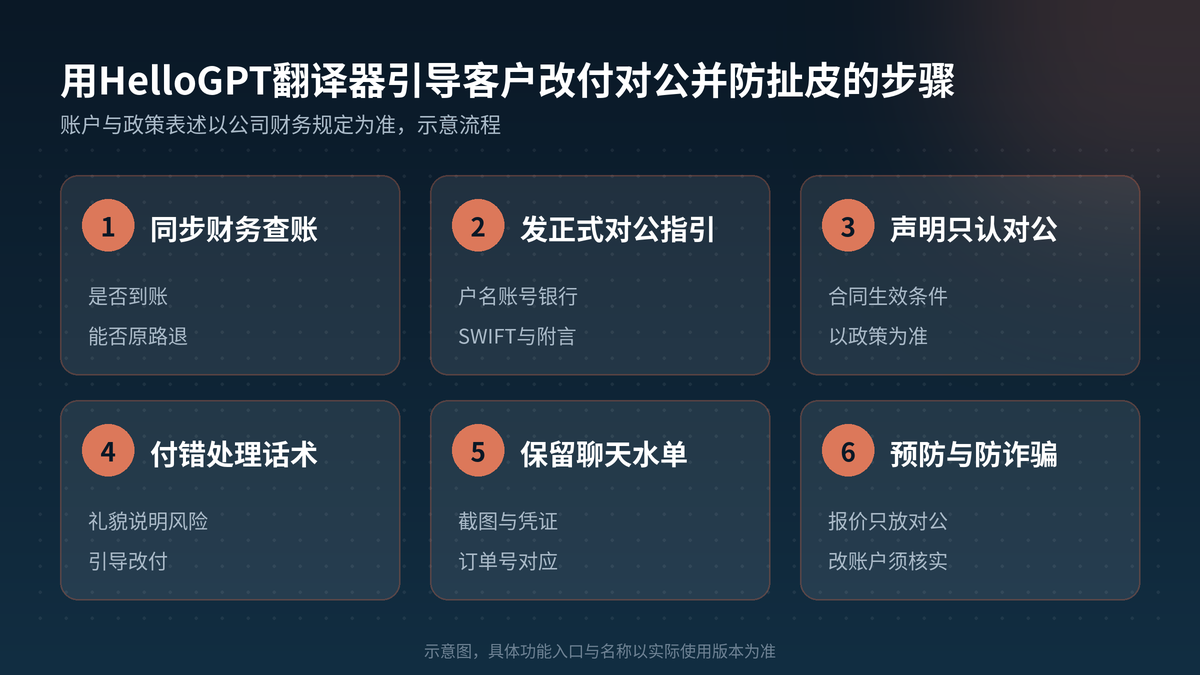 用HelloGPT翻译器引导客户改付对公并防扯皮步骤示意图