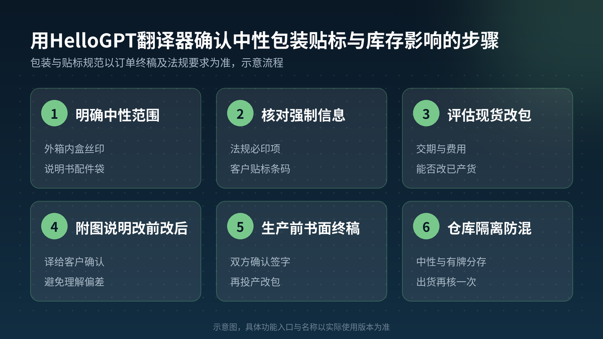用HelloGPT翻译器确认中性包装贴标与库存影响步骤示意图