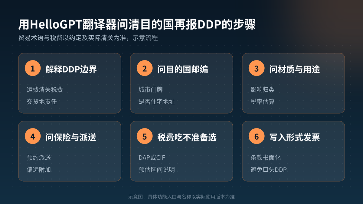 用HelloGPT翻译器问清目的国再报DDP步骤示意图