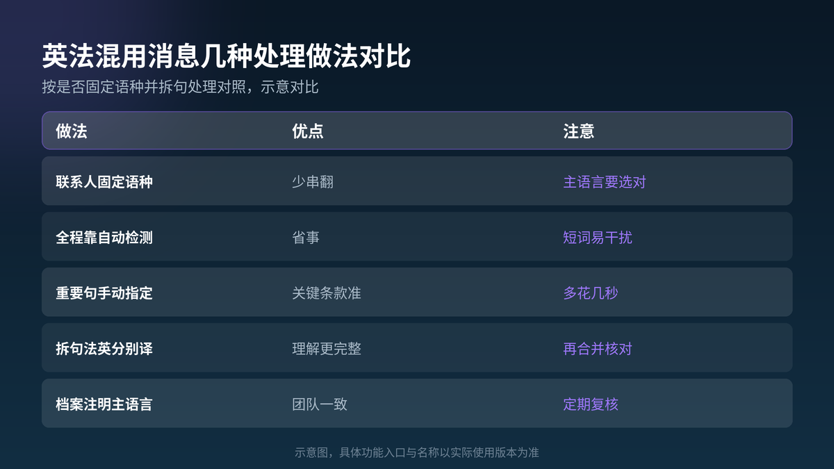 HelloGPT翻译器英法混用消息处理做法对照示意图