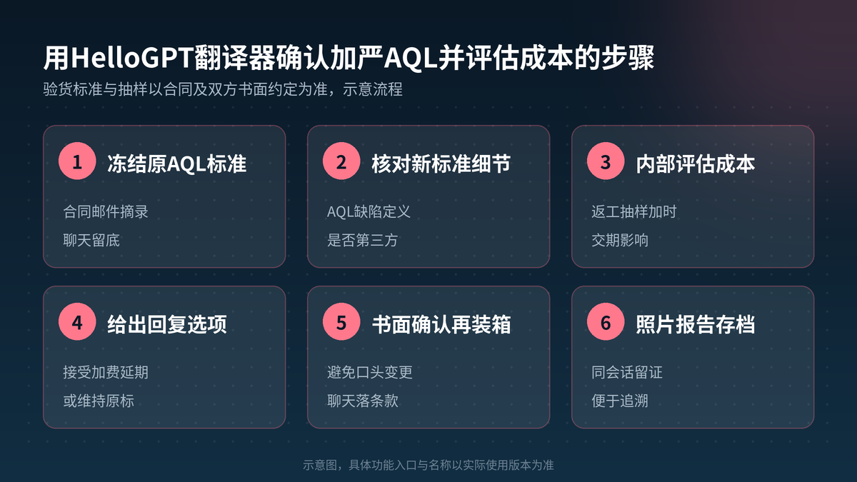 用HelloGPT翻译器确认加严AQL并评估成本步骤示意图
