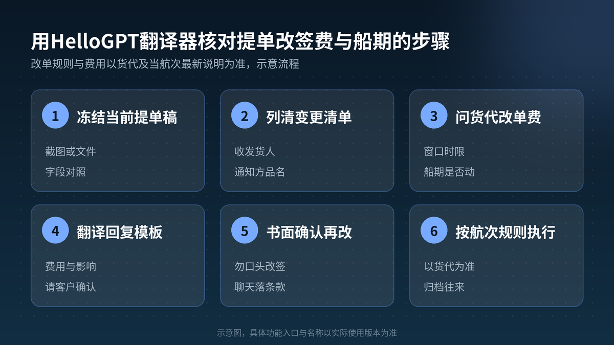 用HelloGPT翻译器核对提单改签费与船期步骤示意图