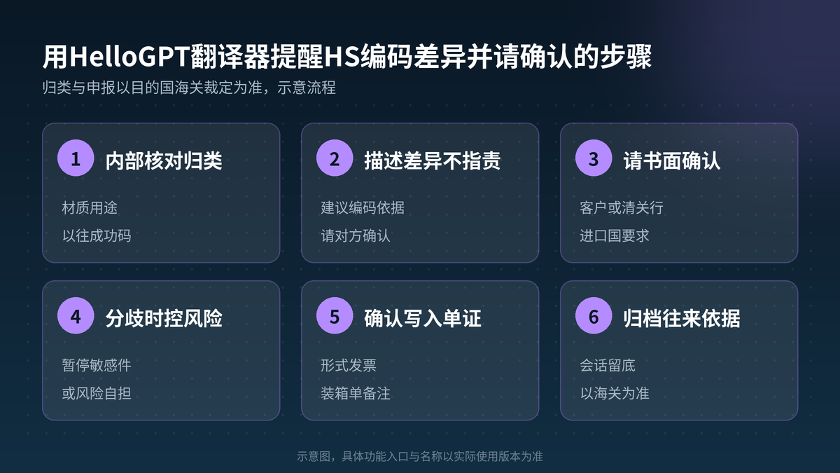 用HelloGPT翻译器提醒HS编码差异并请确认步骤示意图