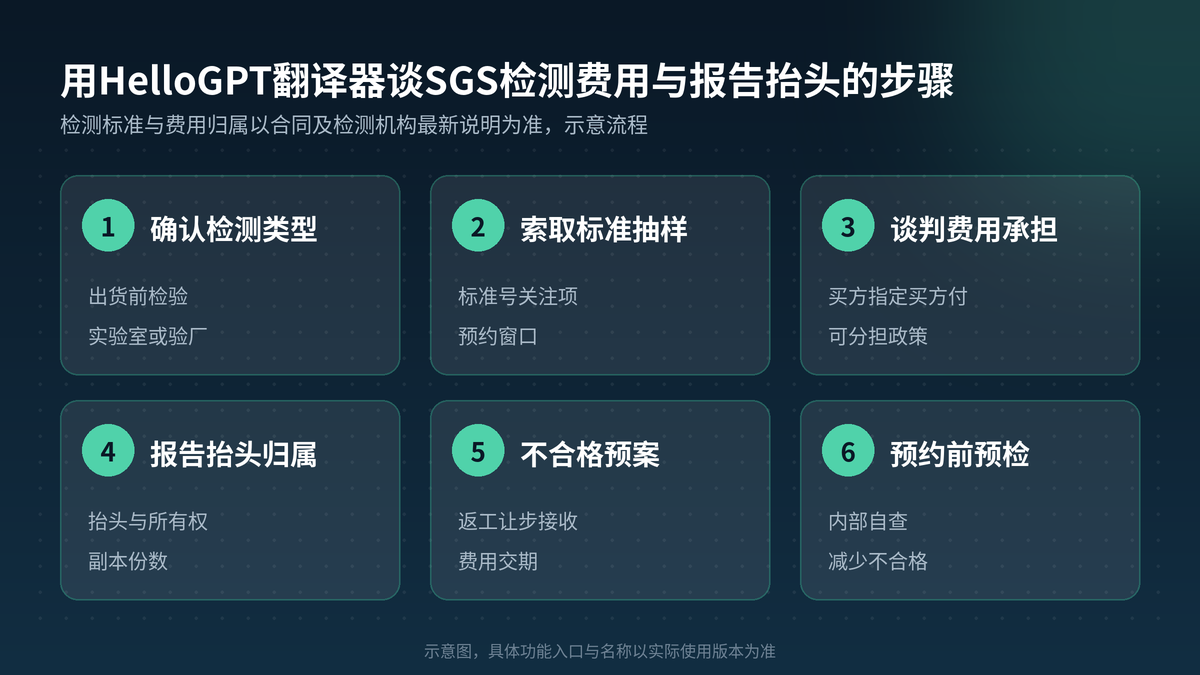 用HelloGPT翻译器谈SGS检测费用与抬头步骤示意图
