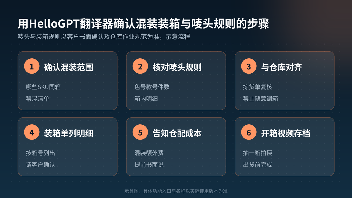用HelloGPT翻译器确认混装装箱与唛头步骤示意图