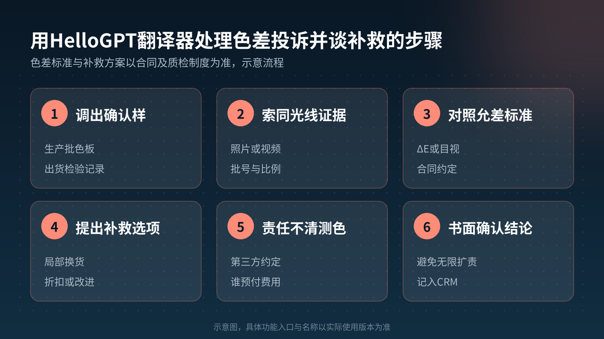 用HelloGPT翻译器处理色差投诉并谈补救步骤示意图