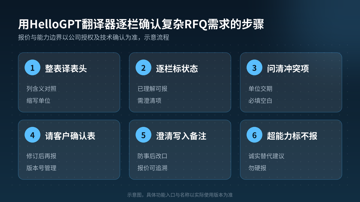 用HelloGPT翻译器逐栏确认复杂RFQ需求步骤示意图