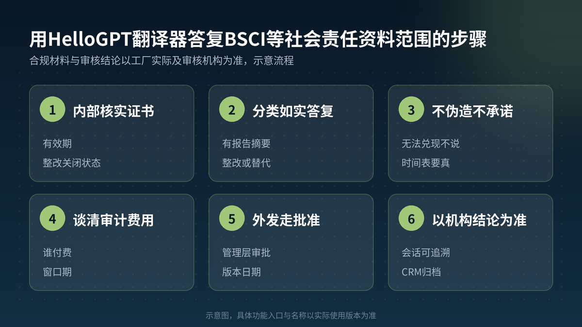 用HelloGPT翻译器答复BSCI等社会责任资料范围步骤示意图