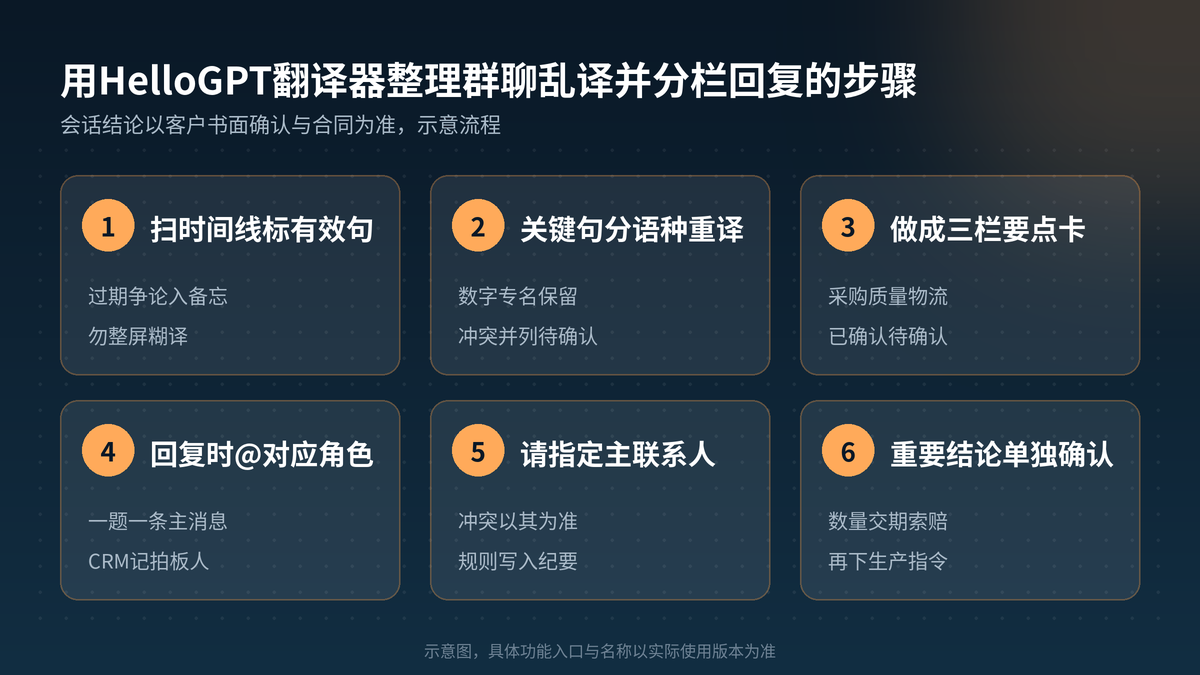 用HelloGPT翻译器整理群聊乱译并分栏回复步骤示意图