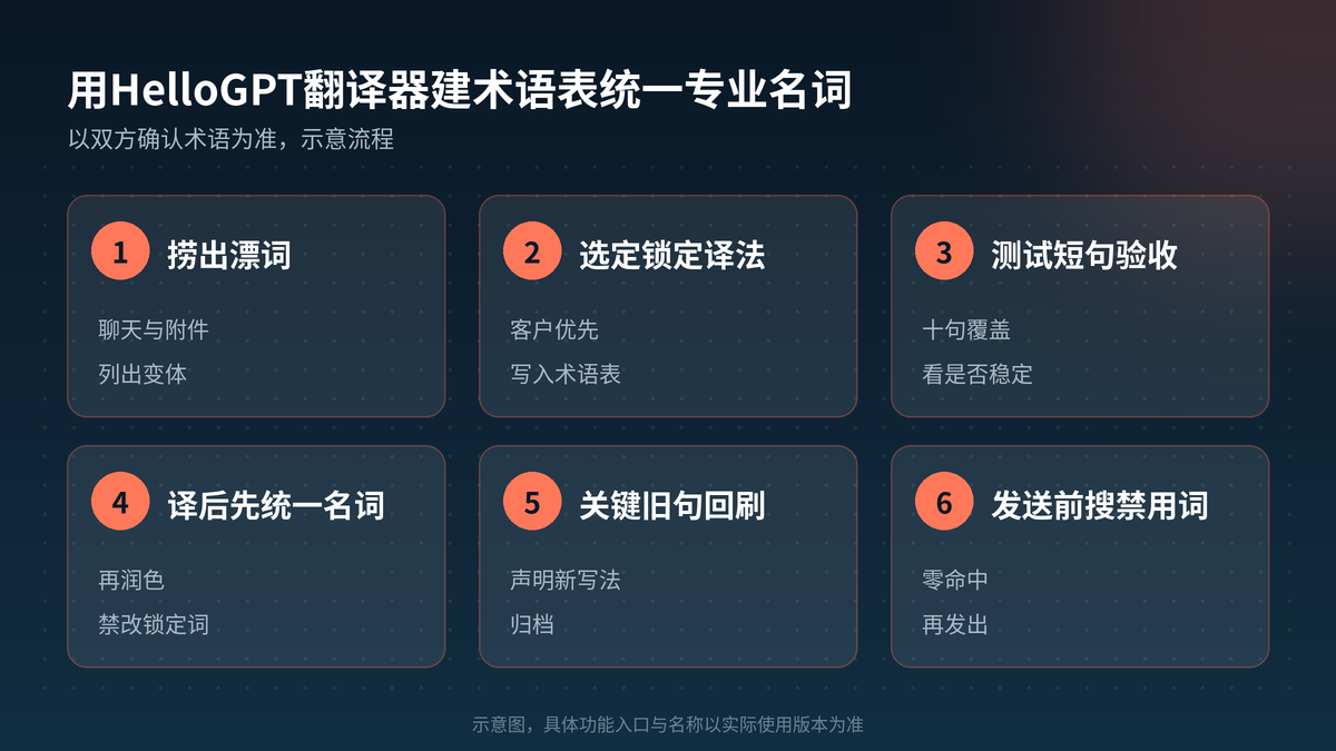 HelloGPT翻译器术语统一四步示意图