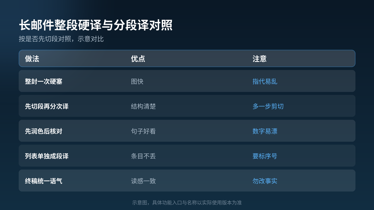 HelloGPT翻译器长邮件整段硬译与分段译对照