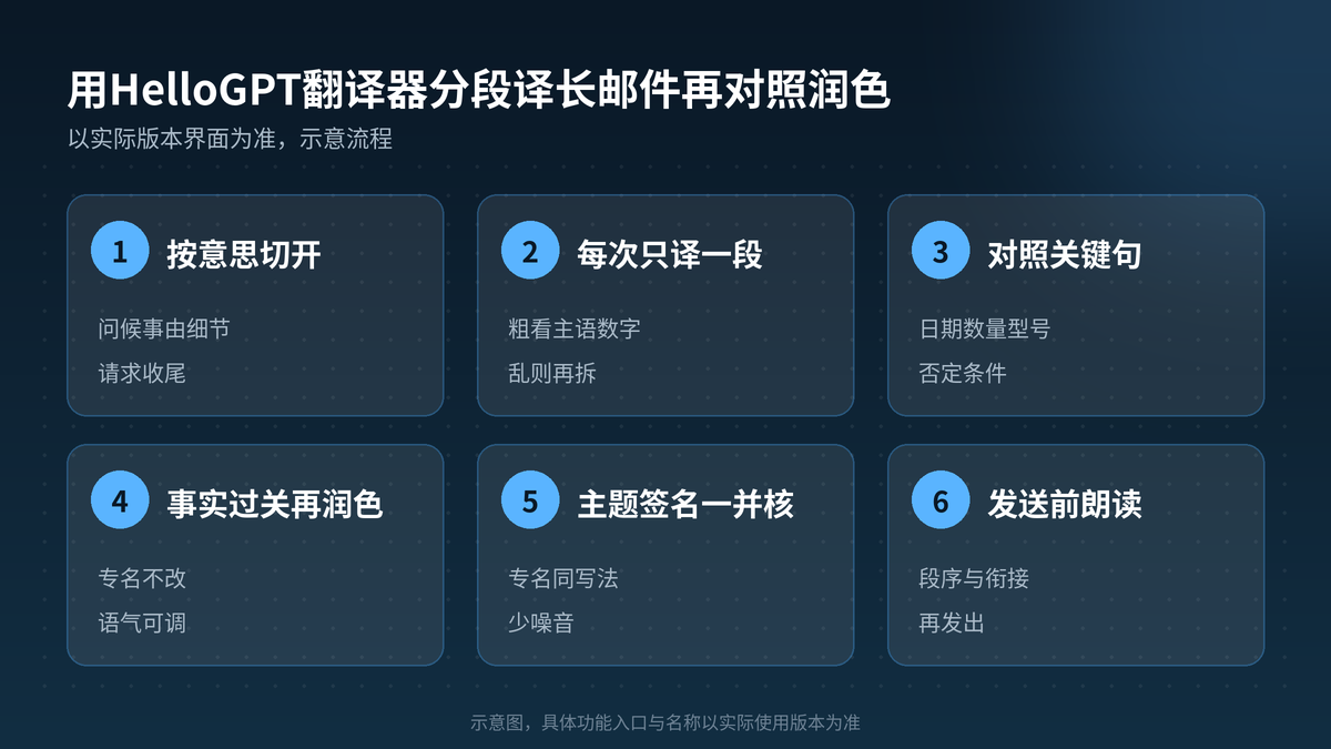 HelloGPT翻译器长邮件分段译四步示意图