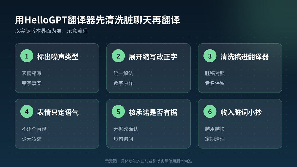 HelloGPT翻译器脏聊天先清洗再译四步示意图