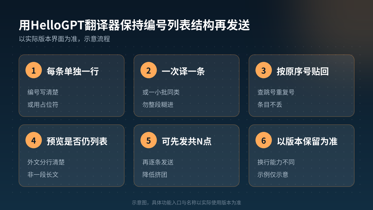 HelloGPT翻译器编号列表分条译六步示意图