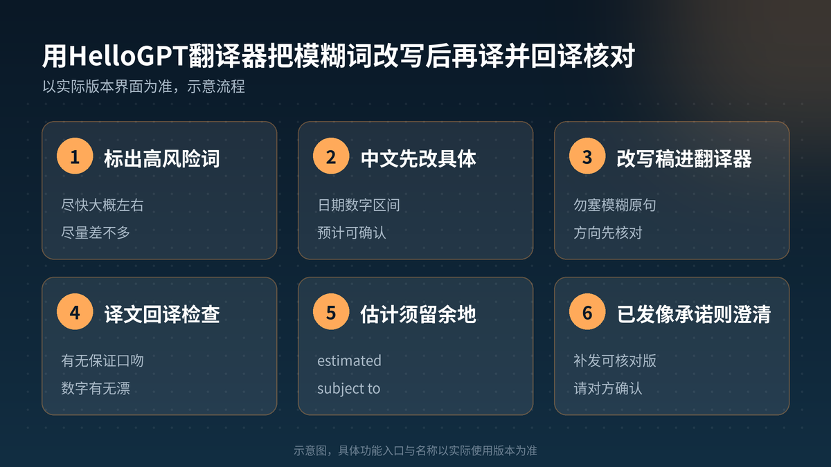 HelloGPT翻译器模糊词改写再译回译六步示意图