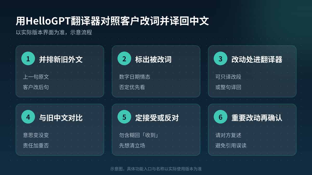 HelloGPT翻译器对照客户改词并译回六步示意图