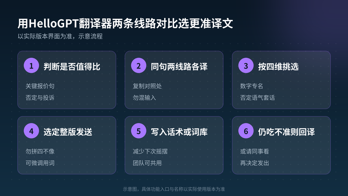 HelloGPT翻译器两条线路对比选译六步示意图