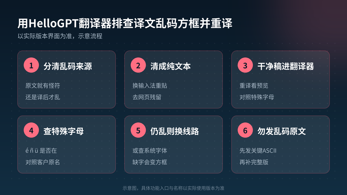HelloGPT翻译器排查乱码方框并重译六步示意图